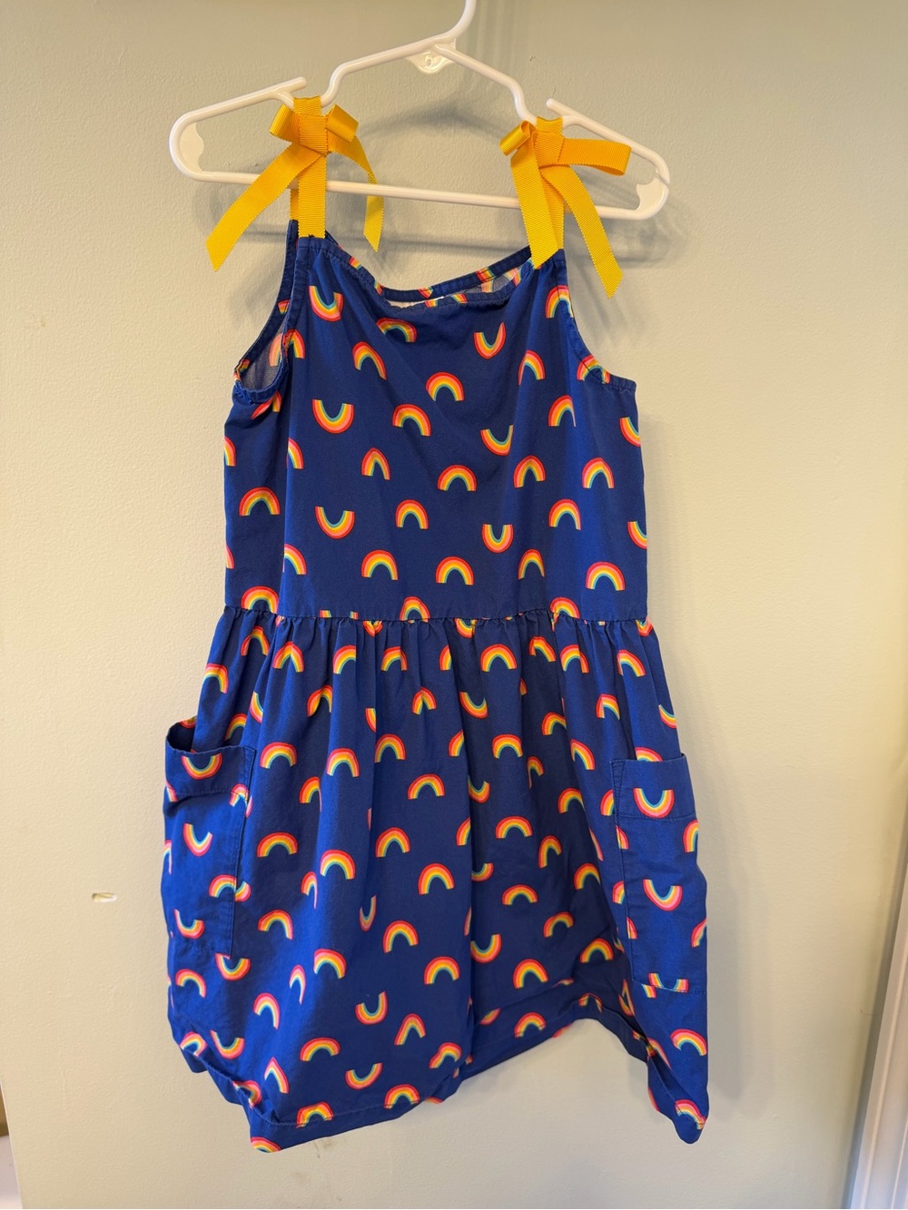 Hanna Andersson Navy Rainbow Print Dress with Yellow Tie Straps